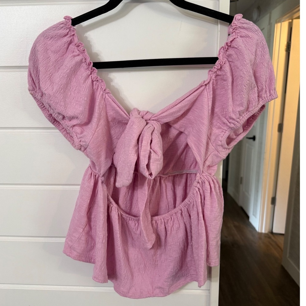 Altar'd State Womens XXL Pink Puff Sleeve Peplum Tie‎ Back Top BE26359 - Picture 2 of 4